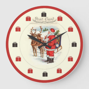 Weihnachtszeit - Weihnachtsmann Fütternd Rentiere Große Wanduhr