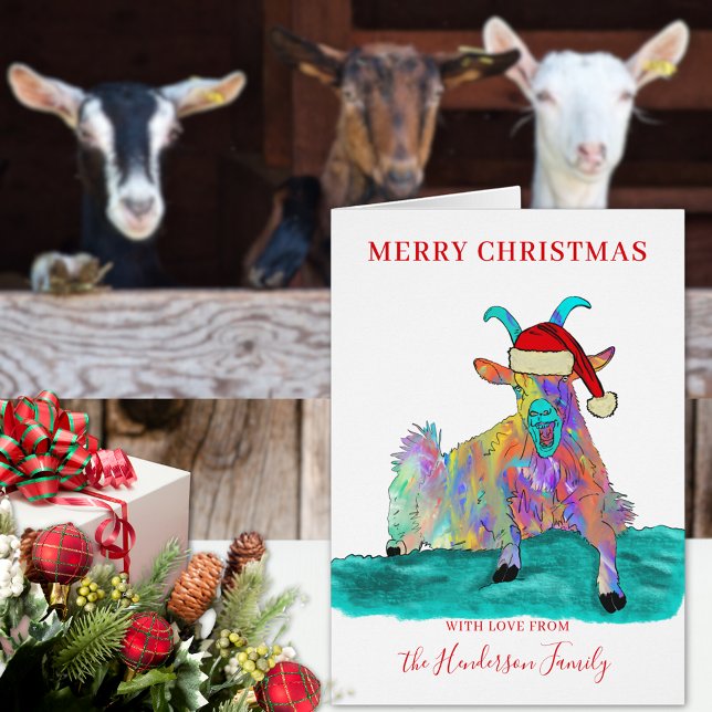 Weihnachtsziege lustig Weihnachtsmann personalisie (Funny Christmas screaming goat wearing a santa hat custom holiday greetings folded card colorful )