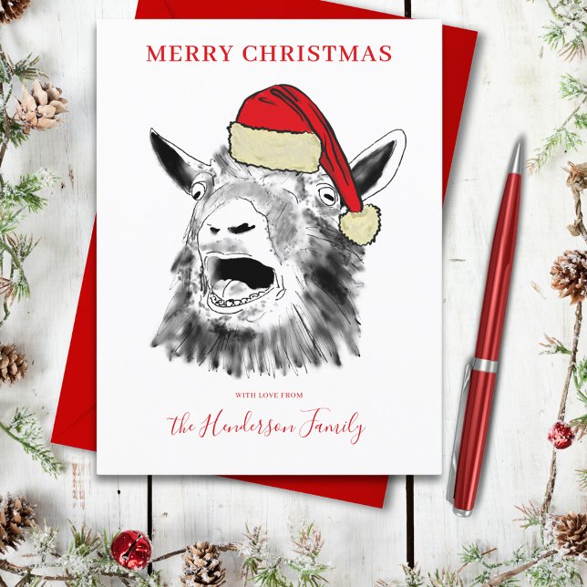 Weihnachtsziege schreien personalisiert feiertagspostkarte (Funny screaming goat christmas farm animal art personalized holiday greeting card)