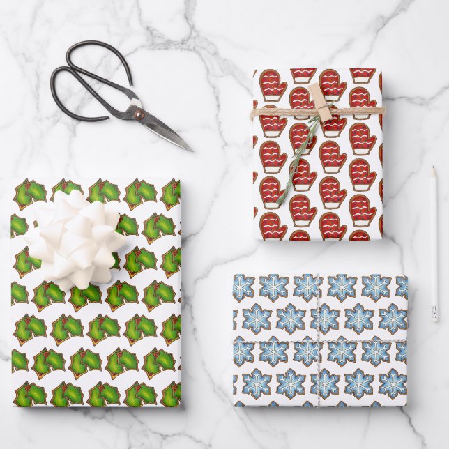 Weihnachtszucker Cookies Holly Mitten Snowflake Geschenkpapier Set (Vorderseite)