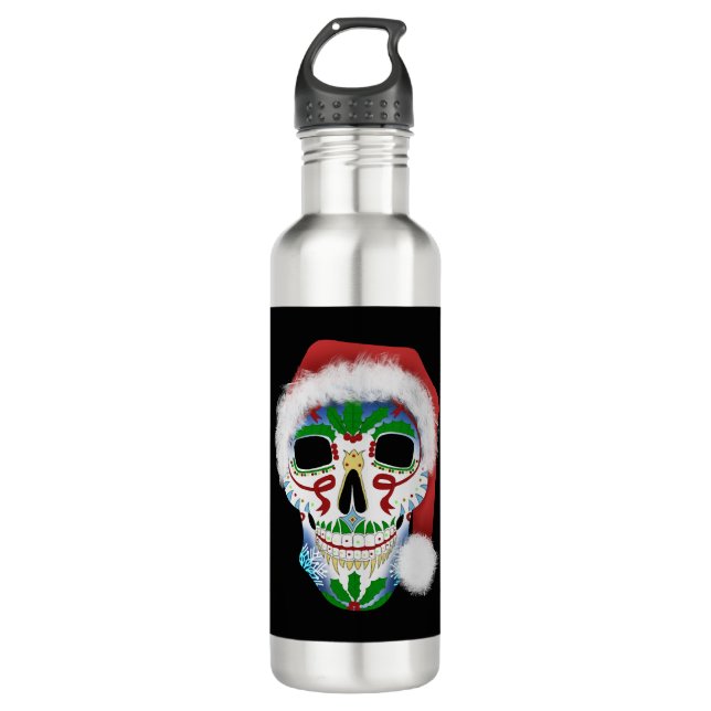 Weihnachtszuckerschädel Edelstahlflasche (Vorderseite)