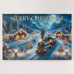 Weihnachtszug durch ein schneebedecktes Dorf bei N