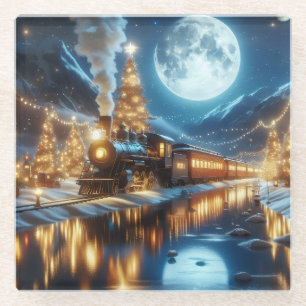 Weihnachtszug im Mondlicht Glasuntersetzer