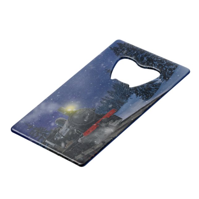 Weihnachtszug im Schnee Geldbeutel Flaschenöffner (Vorderseite Schrägansicht)