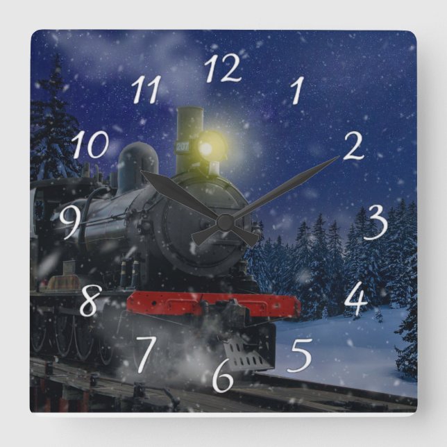 Weihnachtszug im Schnee Quadratische Wanduhr (Vorderseite)