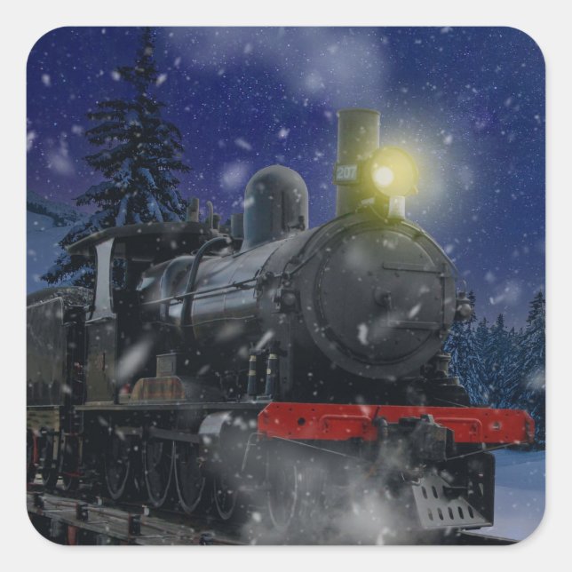 Weihnachtszug im Schnee Quadratischer Aufkleber (Vorderseite)