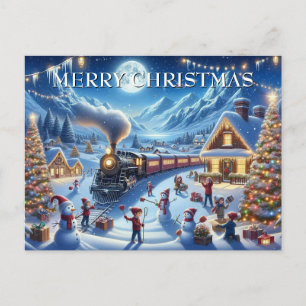 Weihnachtszug kommt in einem fröhlichen schneebede feiertagspostkarte
