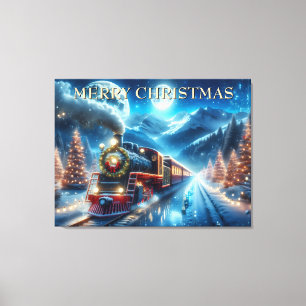 Weihnachtszug mit Kranz und schneebedeckten Kiefer Leinwanddruck