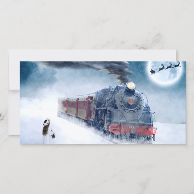 Weihnachtszug mit Mädchen und Santa Feiertagskarte (Vorderseite)