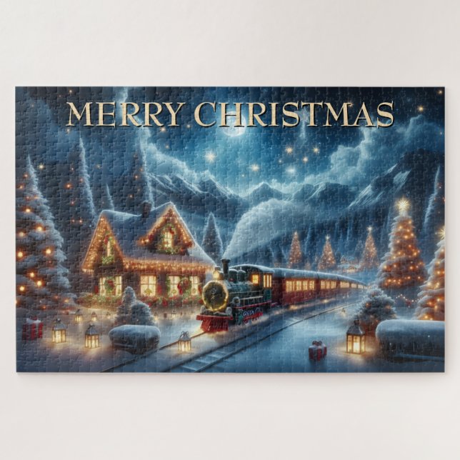 Weihnachtszug passiert geschmücktes Berghäuschen (Horizontal)