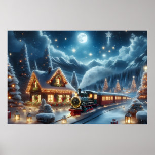 Weihnachtszug passiert geschmücktes Berghäuschen Poster