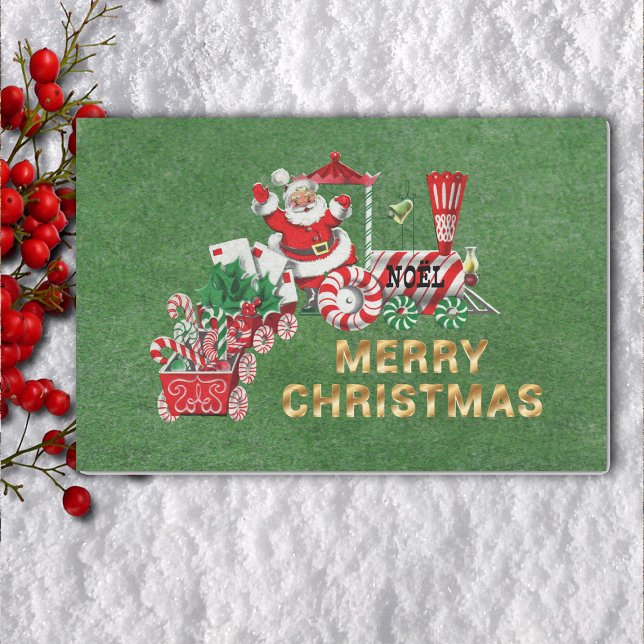 Weihnachtszug Peppermint Wheels Santa Letters Seidenpapier (Santa on peppermint candy train with letters on Merry Christmas green tissue paper.)