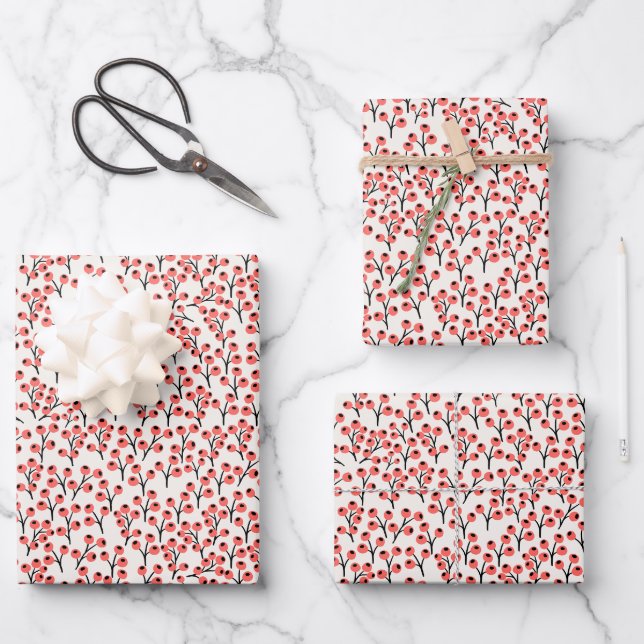 Weihnachtszweige gestrichen Holly Berries Red Whit Geschenkpapier Set (Vorderseite)