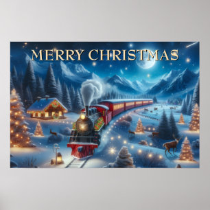 Weihnachtzug,schneebedecktes Dorf,Flussreflexion,D Poster