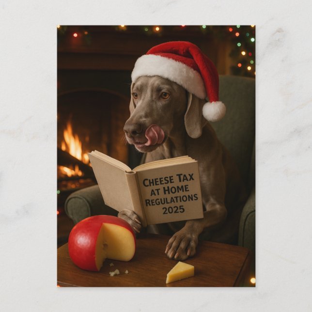 Weimaraner 'Cheese Tax' Christmas postcard Postkarte (Vorderseite)