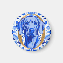 Weimaraner, der durch den Buchstaben "O" in Gold s