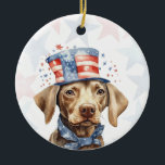 Weimaraner Dog, 4th of july Personalized Keramik Ornament<br><div class="desc">Celebrate your love for your furry friend and American pride with this personalized 4th of July dog ornament 🇺🇸🐾 The design features a watercolor dog wearing a stars-and-stripes hat on a soft red and blue stars background. Personalize the back with your dog’s name, a custom 4th of July greeting, and...</div>
