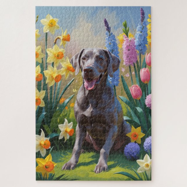 Weimaraner Dog Spring Blumen Malerei (Vertikal)