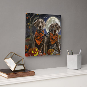 Weimaraner Halloween Gruselig  Quadratische Wanduhr