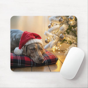 Weimaraner-Hund an Weihnachten neben einem Baum Mousepad