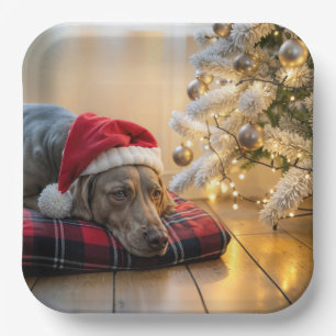 Weimaraner-Hund an Weihnachten neben einem Baum Pappteller