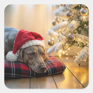 Weimaraner-Hund an Weihnachten neben einem Baum Quadratischer Aufkleber