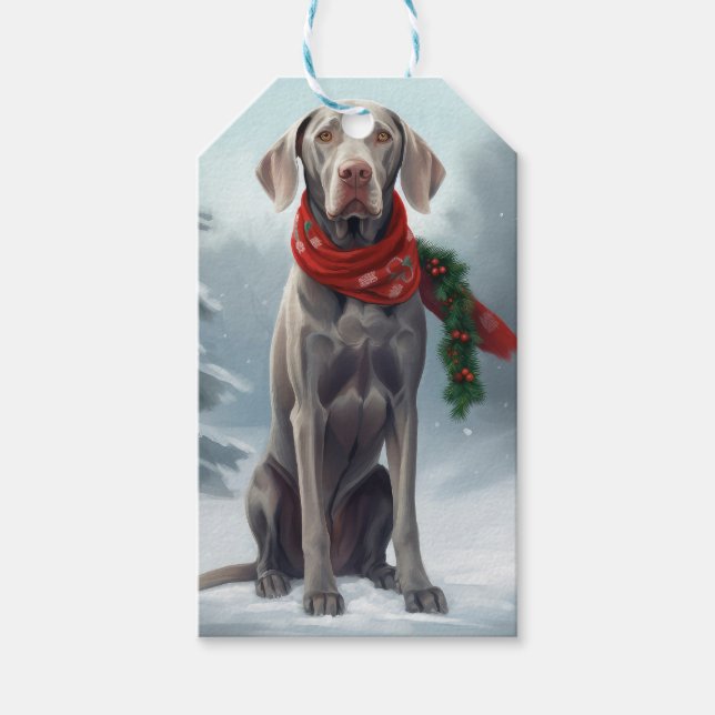 Weimaraner Hund im Schnee Weihnachten Geschenkanhänger (Vorderseite)