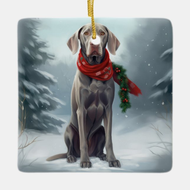 Weimaraner Hund im Schnee Weihnachten Keramikornament (Vorderseite)