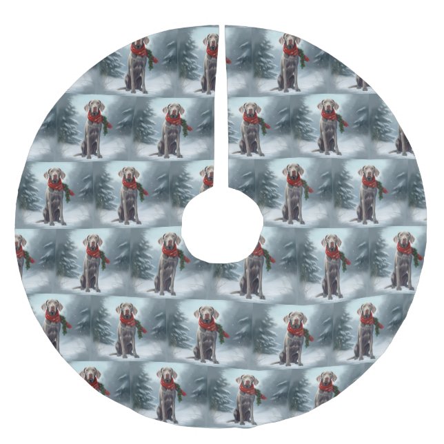 Weimaraner Hund im Schnee Weihnachten Polyester Weihnachtsbaumdecke (Vorderseite)