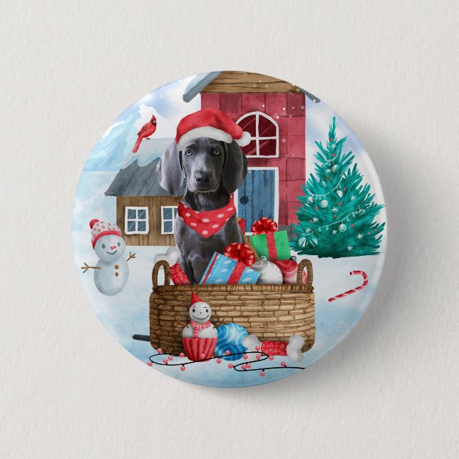 Weimaraner Hund im Schnee Weihnachtshaus Button (Vorderseite)