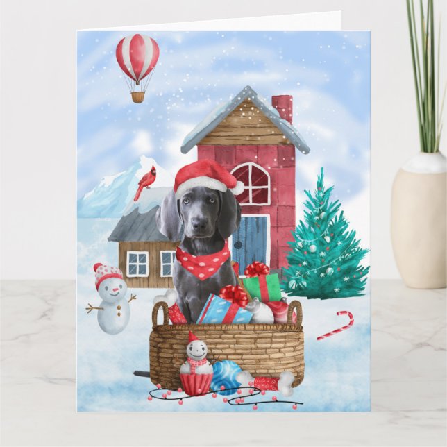 Weimaraner Hund im Schnee Weihnachtshaus Karte (Vorderseite)