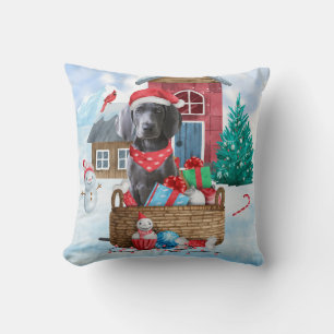 Weimaraner Hund im Schnee Weihnachtshaus Kissen