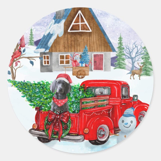 Weimaraner Hund in Weihnachten LKW Schnee Runder Aufkleber (Vorderseite)