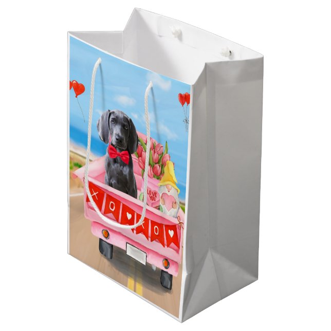 Weimaraner Hund Valentinstag Lkw Herz Mittlere Geschenktüte (Vorderseite Schrägansicht)