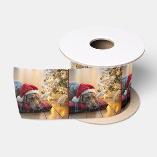 Weimaraner-Hund Weihnachten neben einem Baum Satinband