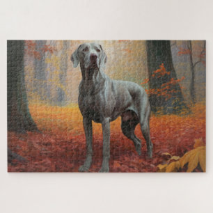 Weimaraner im Herbst inspiriert durch fallende Blä