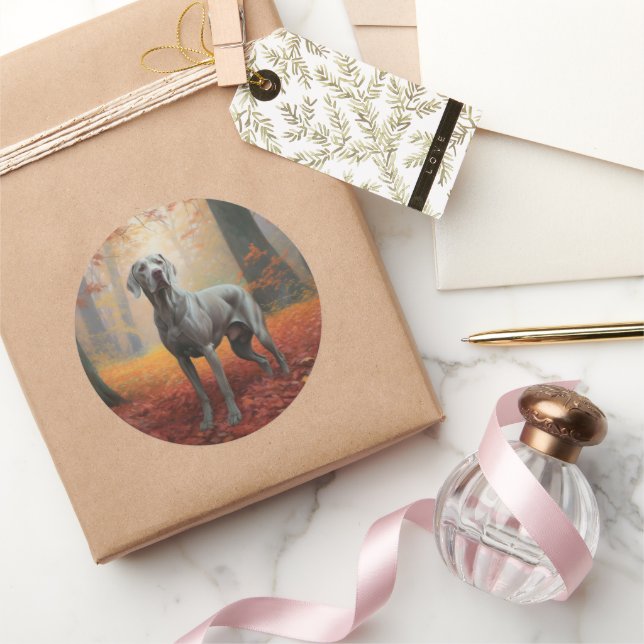 Weimaraner im Herbst Leaves Fall Inspiriert Runder Aufkleber (Schenken)