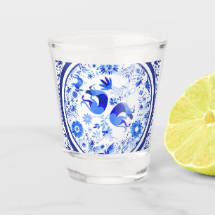Weimaraner, Kaninchen und Vögel Otomi Blau & Weiß Schnapsglas