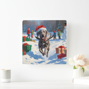 Weimaraner läuft im Schnee mit Weihnachtsmütze Quadratische Wanduhr