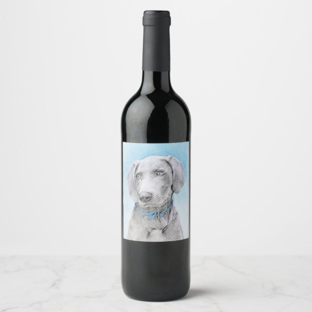 Weimaraner Malerei - Niedliche Original Hunde Kuns Weinetikett (Vorderseite)