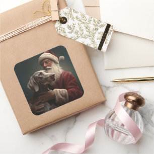 Weimaraner mit Santa Claus Festive Weihnachten Quadratischer Aufkleber