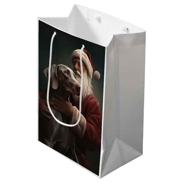Weimaraner mit Weihnachtsmann Weihnachten Mittlere Geschenktüte (Vorderseite Schrägansicht)