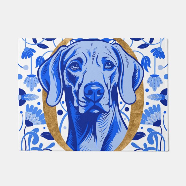 Weimaraner peering thru the letter "O" in Gold Fußmatte (Vorderseite)