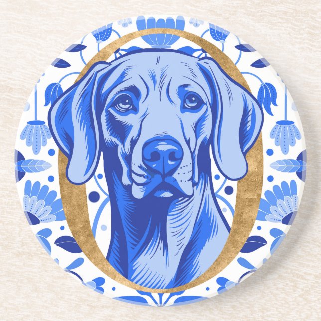 Weimaraner peering thru the letter "O" in Gold Getränkeuntersetzer (Vorne)
