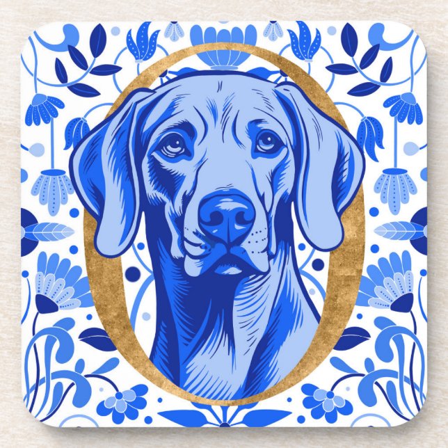 Weimaraner peering thru the letter "O" in Gold Getränkeuntersetzer (Vorderseite)