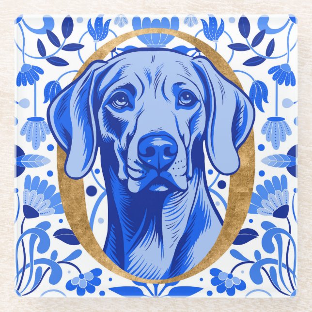Weimaraner peering thru the letter "O" in Gold Glasuntersetzer (Vorderseite)