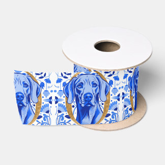 Weimaraner peering thru the letter "O" in Gold Satinband
