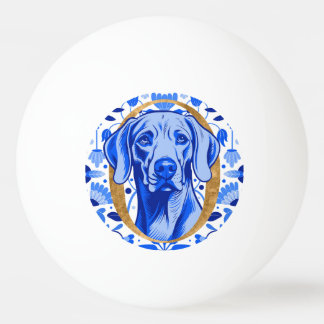 Weimaraner peering thru the letter "O" in Gold Tischtennisball