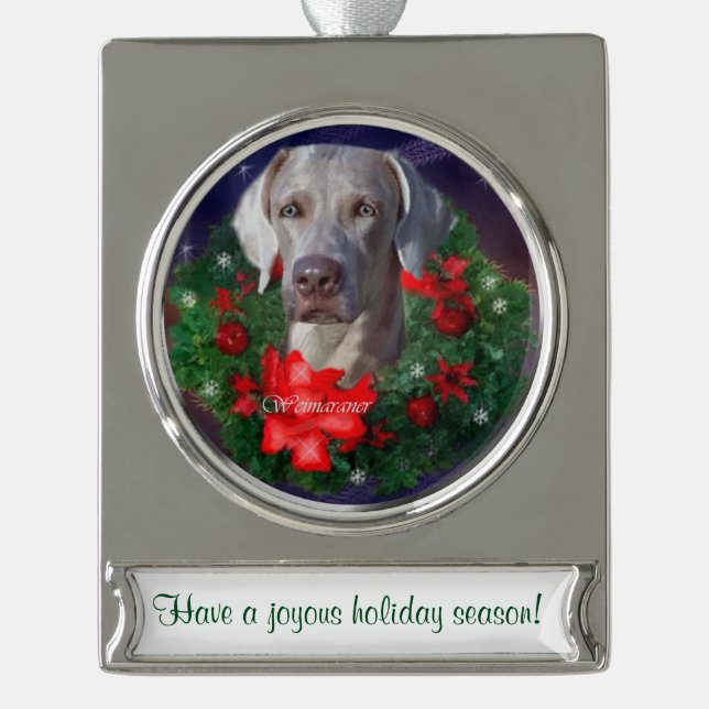 Weimaraner Personalisiert Weihnachtszeit Banner-Ornament Silber (Vorderseite)