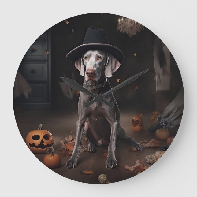 Weimaraner Pumpkins Halloween Beängstigend Große Wanduhr (Vorderseite)